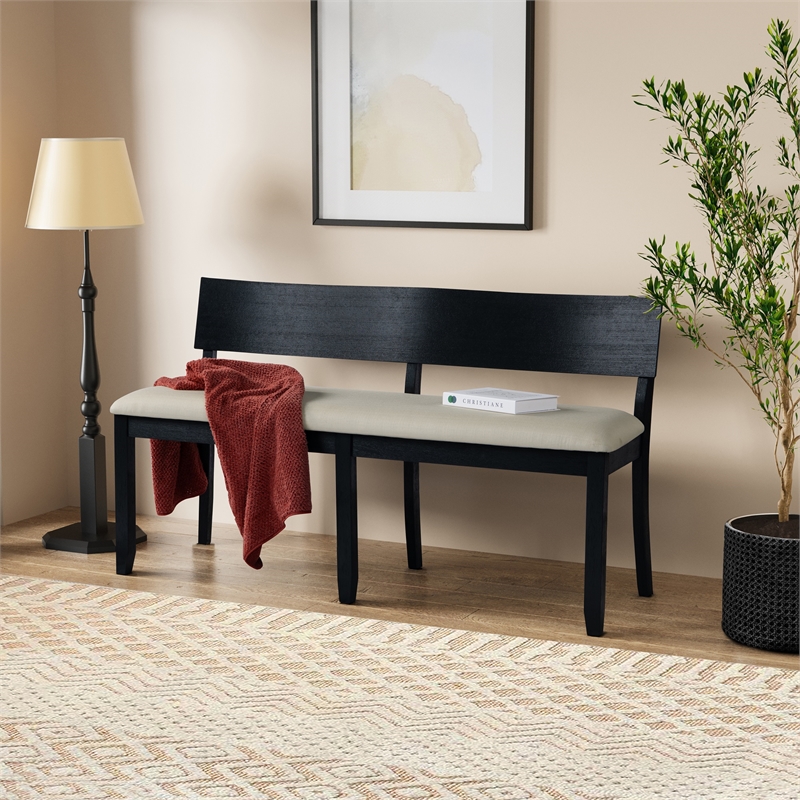 Boraam Capella Wood & Fabric Dining Height Bench in Matte Black/Cream