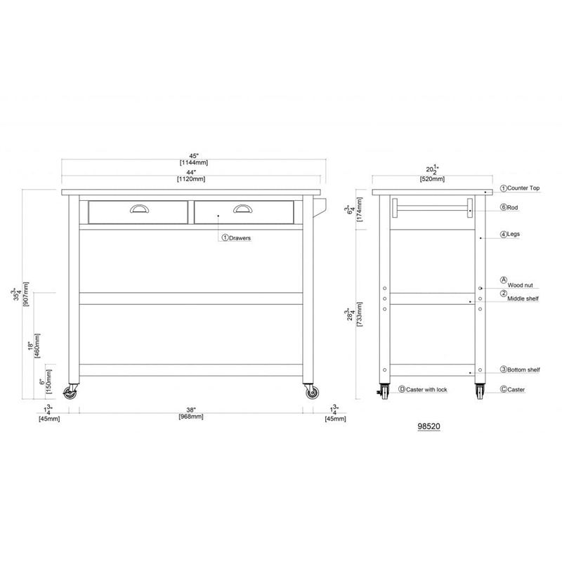 Boraam Sonoma Kitchen Cart with Stainless Steel Top - Storm Gray Wire-Brush