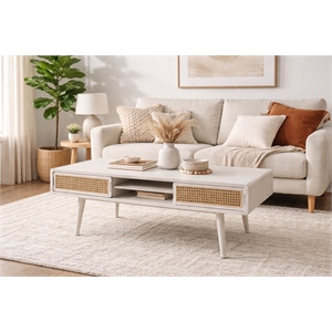 Boraam Wood Cambria Coffee Table - Zebrano Whitewash/Natural Cane Finish