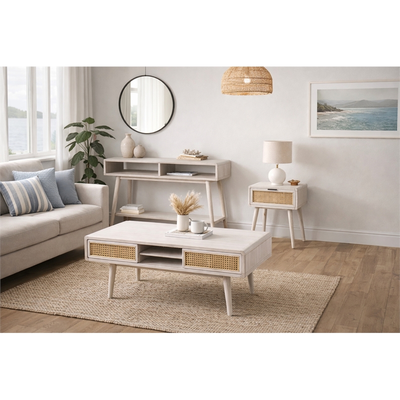 Boraam Wood Cambria Coffee Table - Zebrano Whitewash/Natural Cane Finish