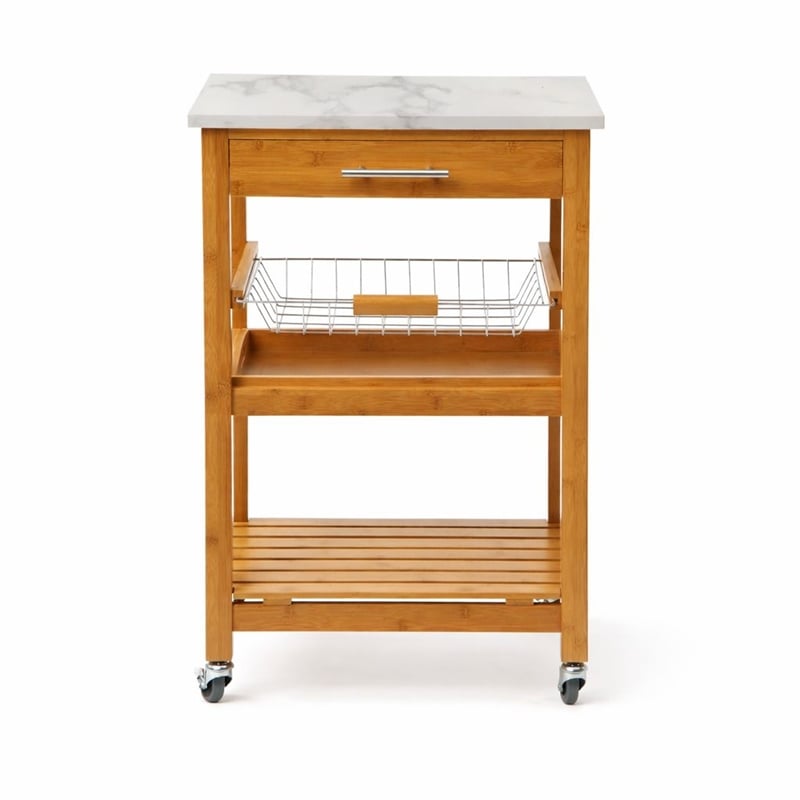 Boraam Aya Bamboo Kitchen Cart with Faux Marble Top