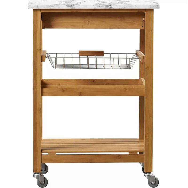 Boraam Aya Bamboo Kitchen Cart with Faux Marble Top