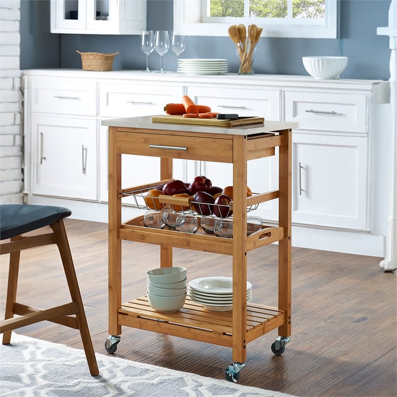 Boraam Aya Bamboo Kitchen Cart with Faux Marble Top