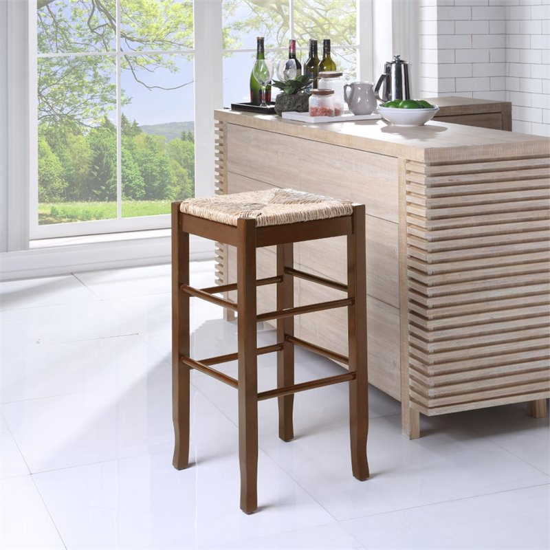 Boraam Wood Square Rush Backless Bar Stool in Cappuccino Finish