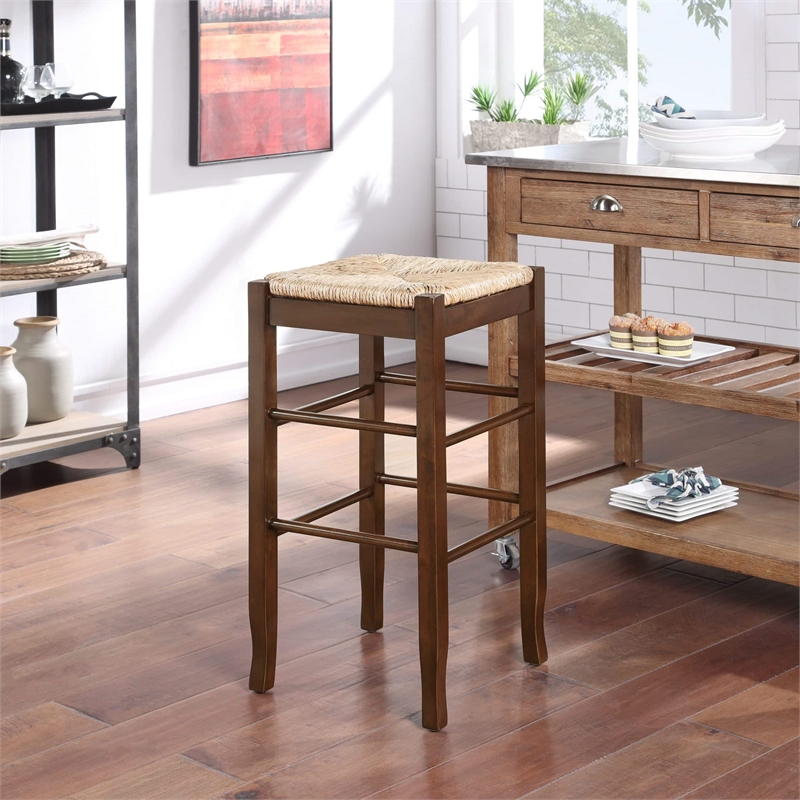 Boraam Wood Square Rush Backless Bar Stool in Cappuccino Finish