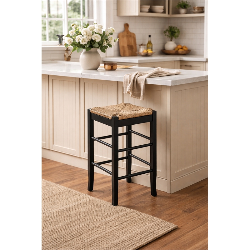 Boraam Wood Square Rush Backless Counter Stool in Black finish