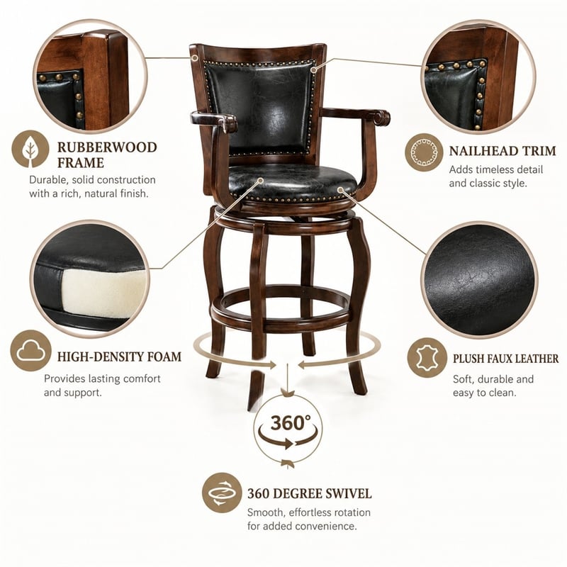 Boraam Wood Jones Bar Height Swivel Bar Stool in Cappuccino Finish
