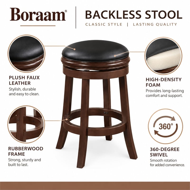 Boraam Wood Faux Leather Swivel Counter Height Stool in Cappuccino Finish