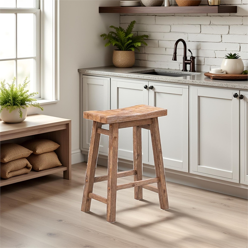 Boraam Wood Sonoma Saddle Counter Stool in Barnwood Wire-Brush Brown Finish