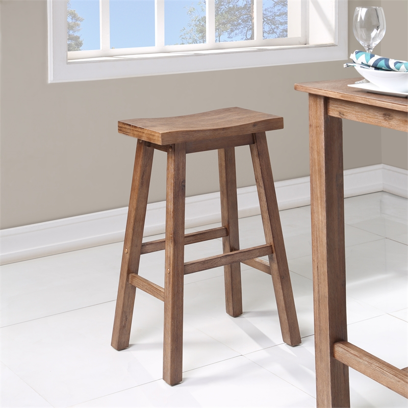 Boraam Wood Sonoma Saddle Bar Stool in Barnwood Wire-Brush/Brown Finish