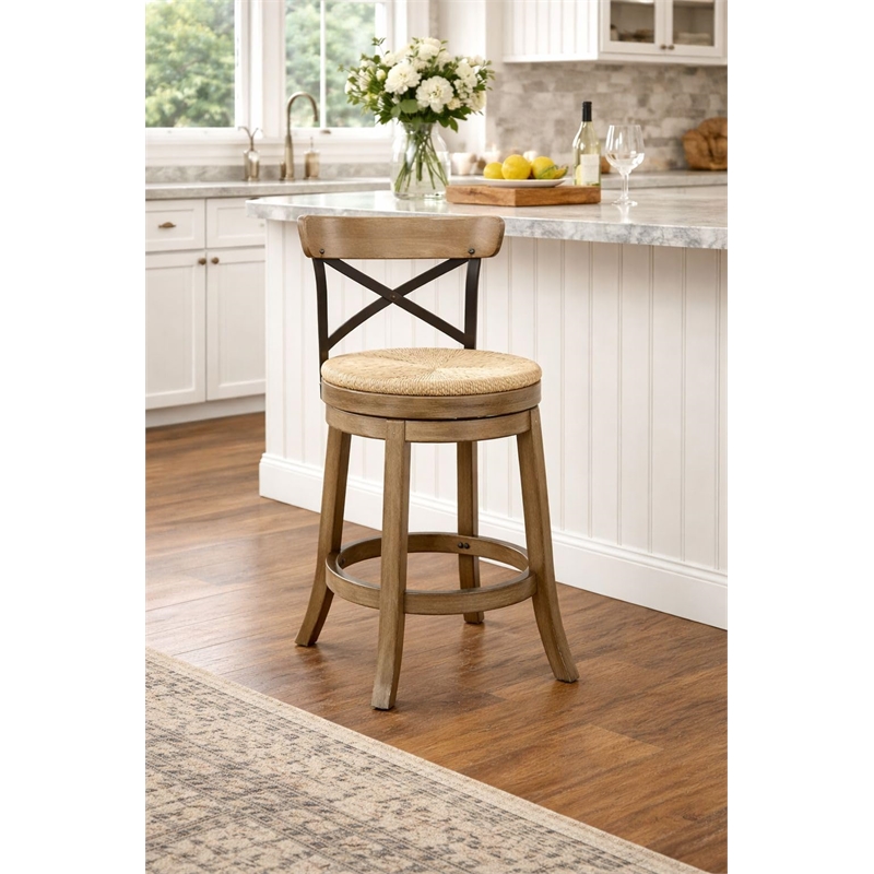 Boraam Wood Myrtle Swivel Counter Stool in Wheat Wire-Brush Brown Finish