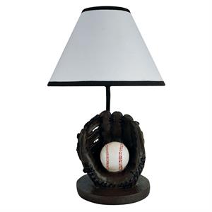 ore international baseball polyresin table lamp with cone linen shade in brown