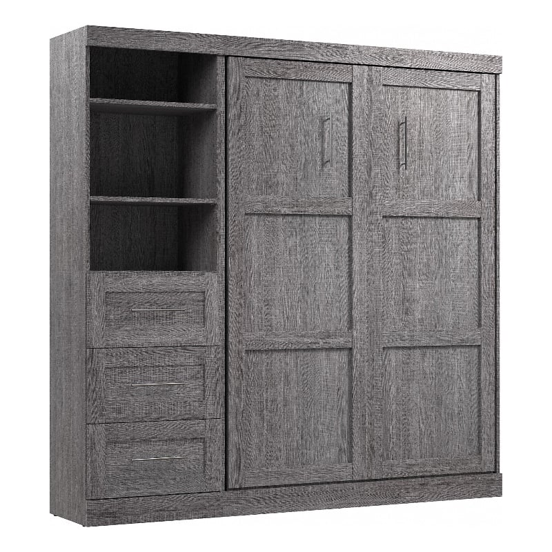 Bestar Pur Full Murphy Bed and Shelving Unit with Drawers (84W) in Bark Grey