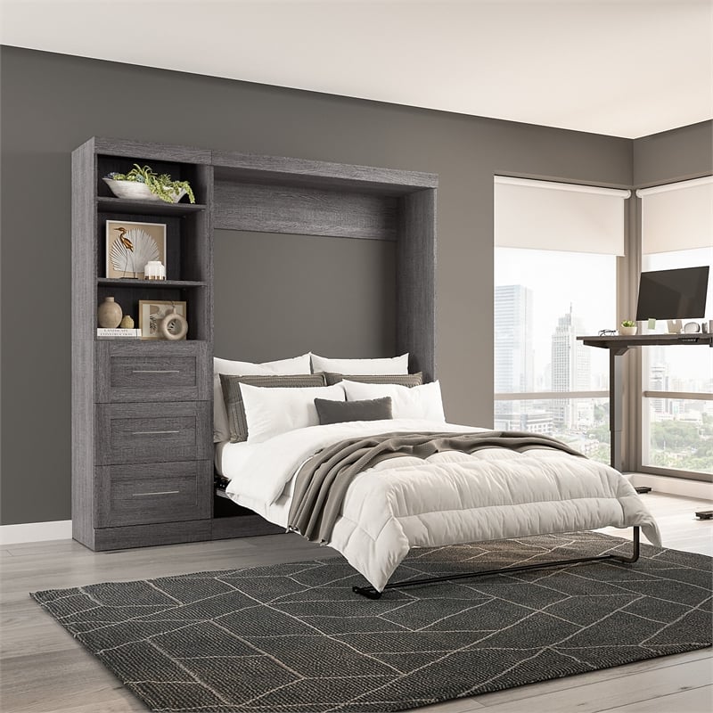 Bestar Pur Full Murphy Bed and Shelving Unit with Drawers (84W) in Bark Grey