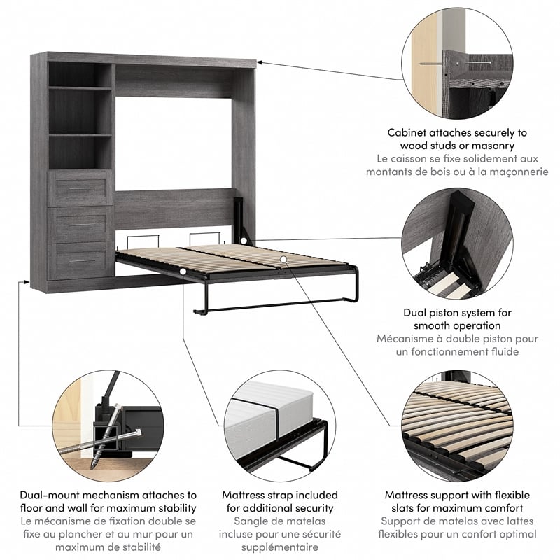 Bestar Pur Full Murphy Bed and Shelving Unit with Drawers (84W) in Bark Grey