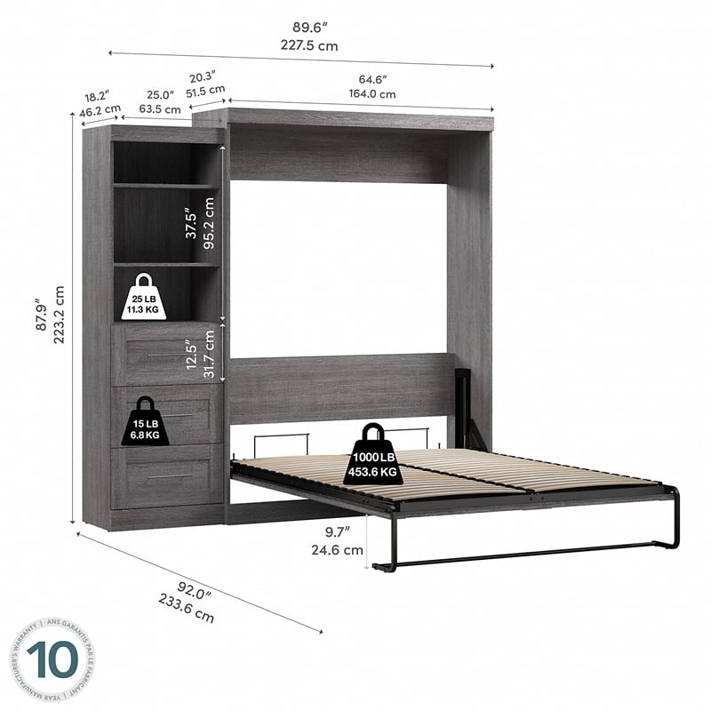 Bestar Pur Queen Murphy Bed and Shelving Unit with Drawers (90W) in Bark Grey