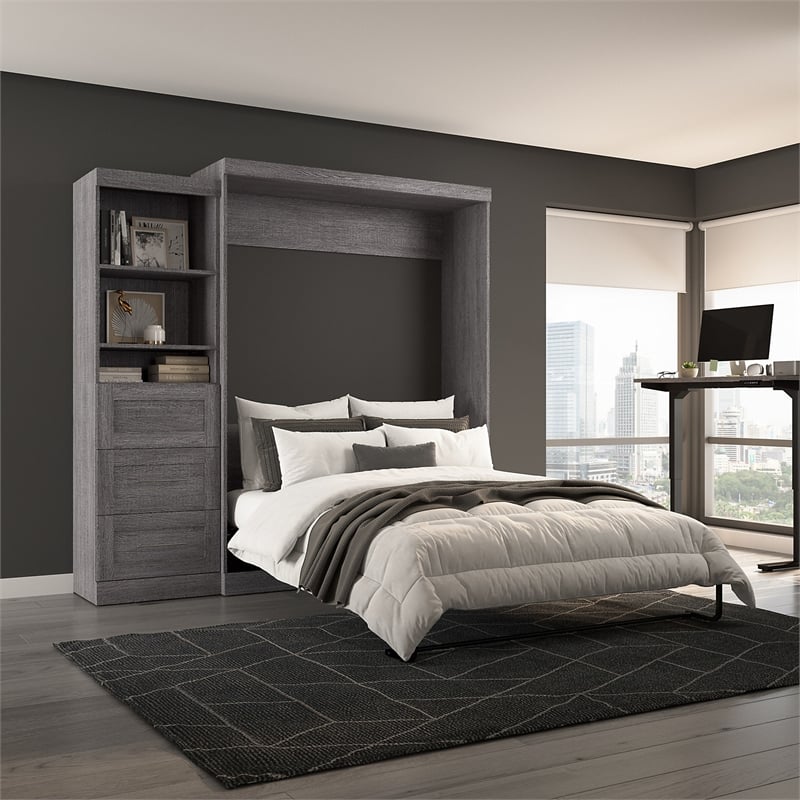 Bestar Pur Queen Murphy Bed and Shelving Unit with Drawers (90W) in Bark Grey