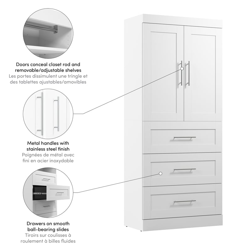Bestar Pur 36W Wardrobe with Drawers in White - Engineered Wood