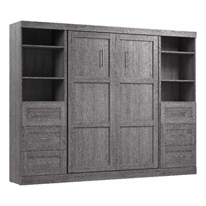 Bestar Pur Full Murphy Bed and 2 Shelving Units with Drawers (109W) in Bark Grey