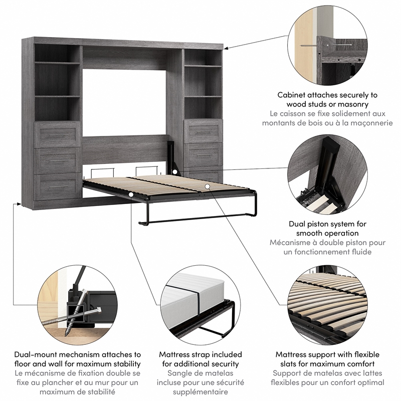 Bestar Pur Full Murphy Bed and 2 Shelving Units with Drawers (109W) in Bark Grey