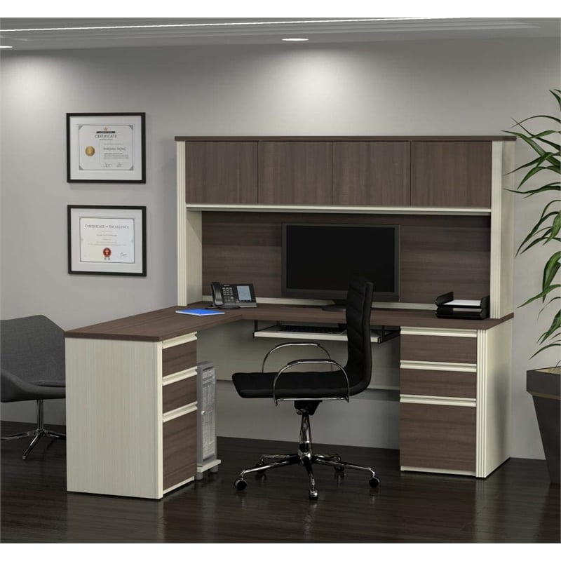 Bestar Prestige Plus L-Desk with Hutch in White Chocolate and Antigua