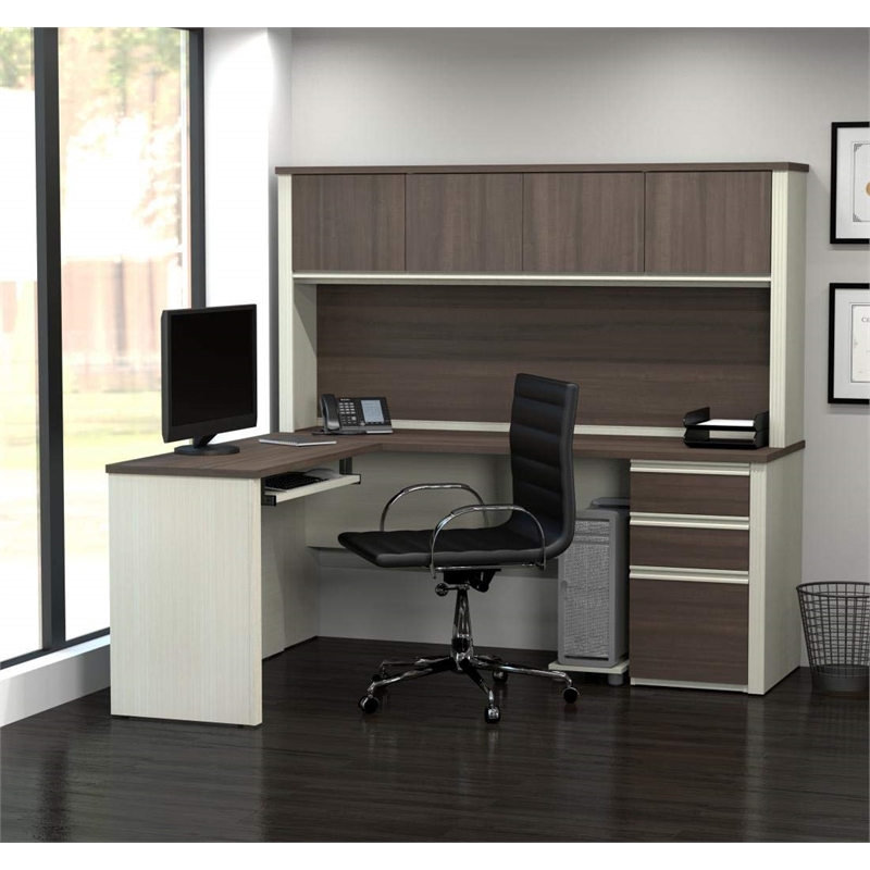 Bestar Prestige Plus L-Desk with Hutch in White Chocolate and Antigua