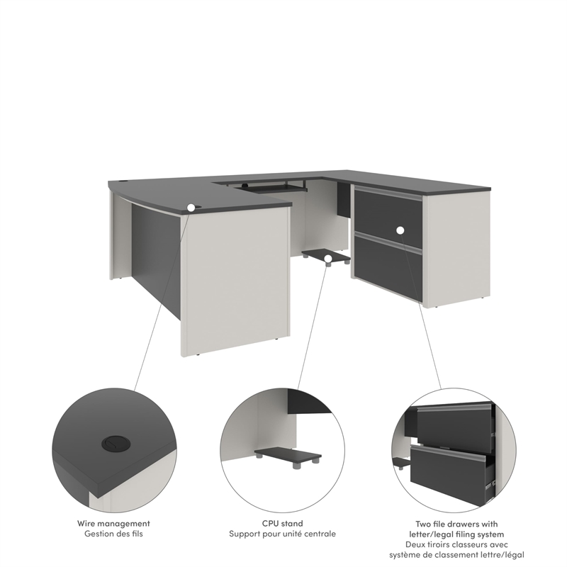 Bestar Connexion U-Shape Home Office Set Pedestal in Sandstone and Slate