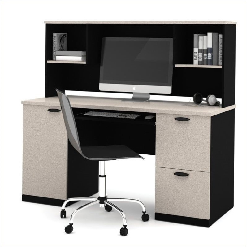 Bestar Hampton Computer Desk with Hutch in Sand Granite & Charcoal 694503186