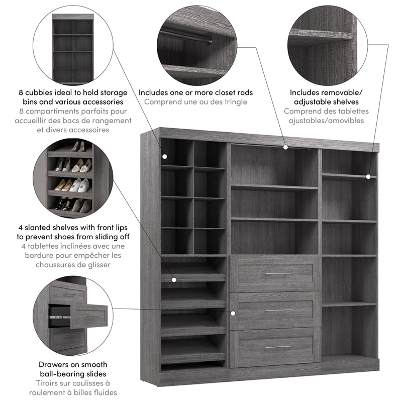 Bestar Pur 86W Closet Organizer System in Bark Gray - Engineered Wood