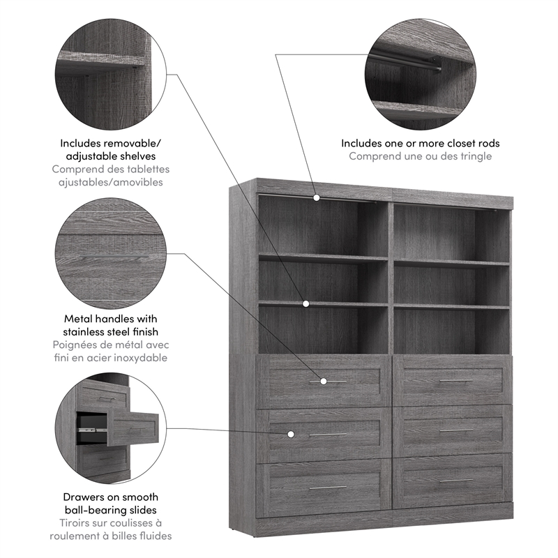 Bestar Pur 72W Closet Organizer with Drawers in Bark Gray - Engineered Wood