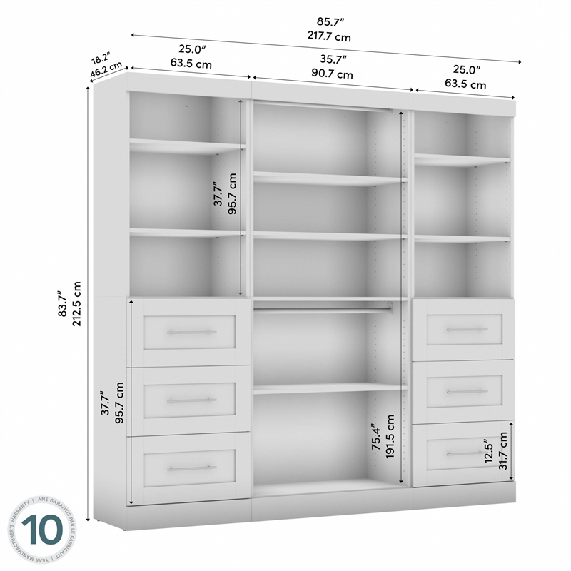 Bestar Pur 86W Closet Organizer with Drawers in Bark Gray - Engineered Wood