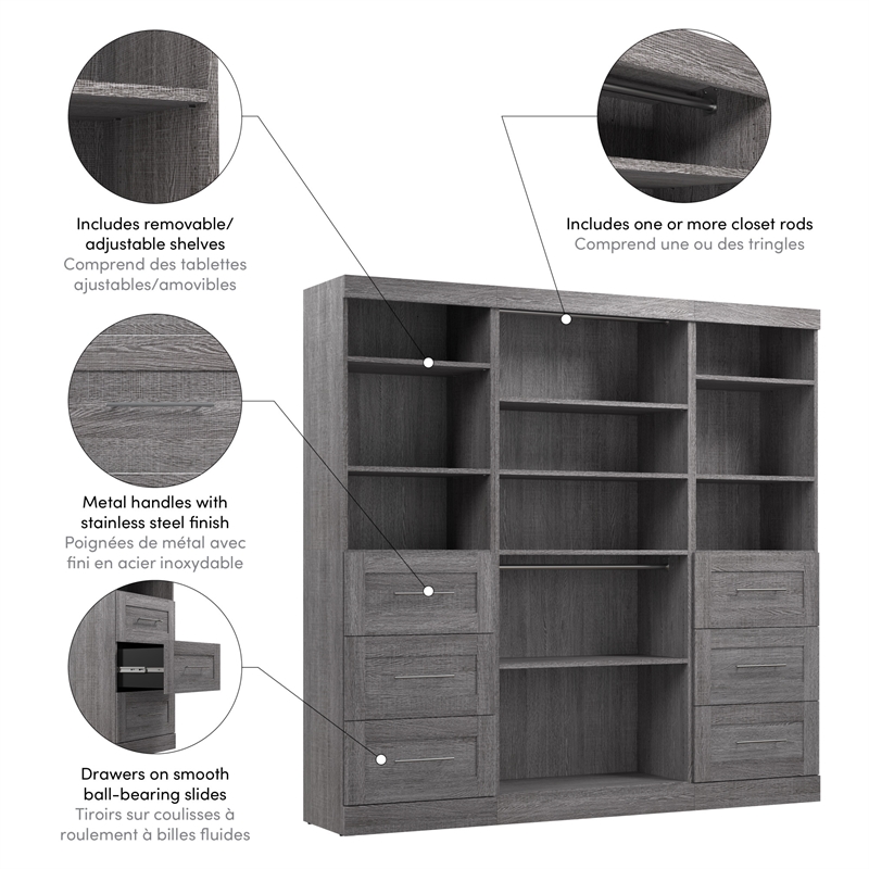 Bestar Pur 86W Closet Organizer with Drawers in Bark Gray - Engineered Wood