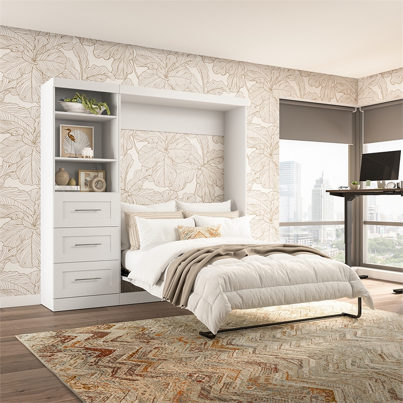 Bestar Pur Full Murphy Bed and Shelving Unit with Drawers (84W) in White