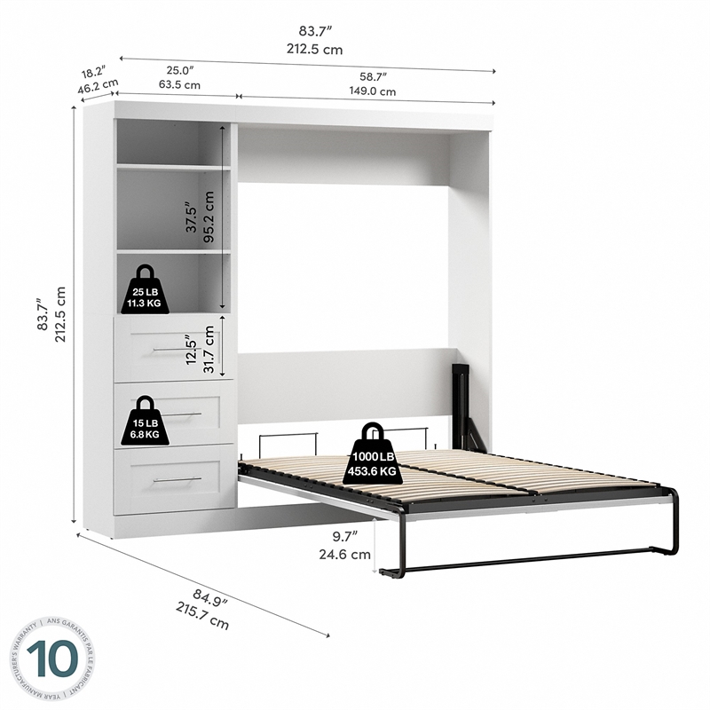 Bestar Pur Full Murphy Bed and Shelving Unit with Drawers (84W) in White