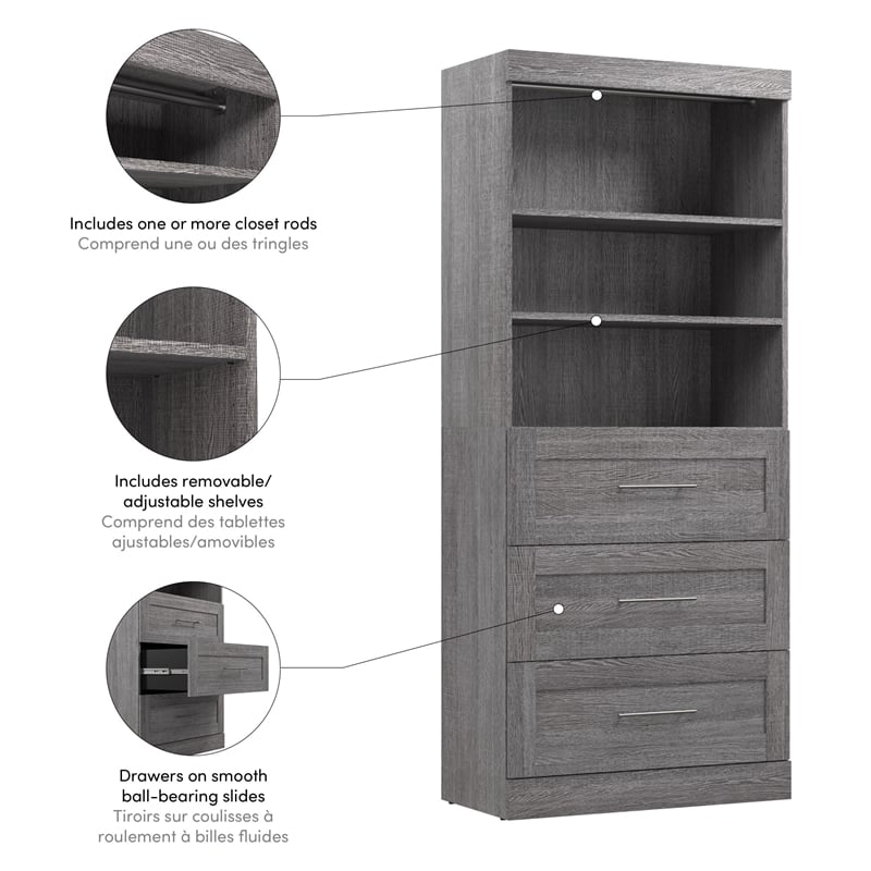 Bestar Pur 36W Closet Organizer with Drawers in Bark Gray - Engineered Wood