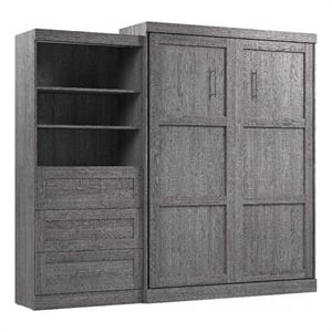 Bestar Pur Queen Murphy Bed and Shelving Unit with Drawers (101W) in Bark Grey