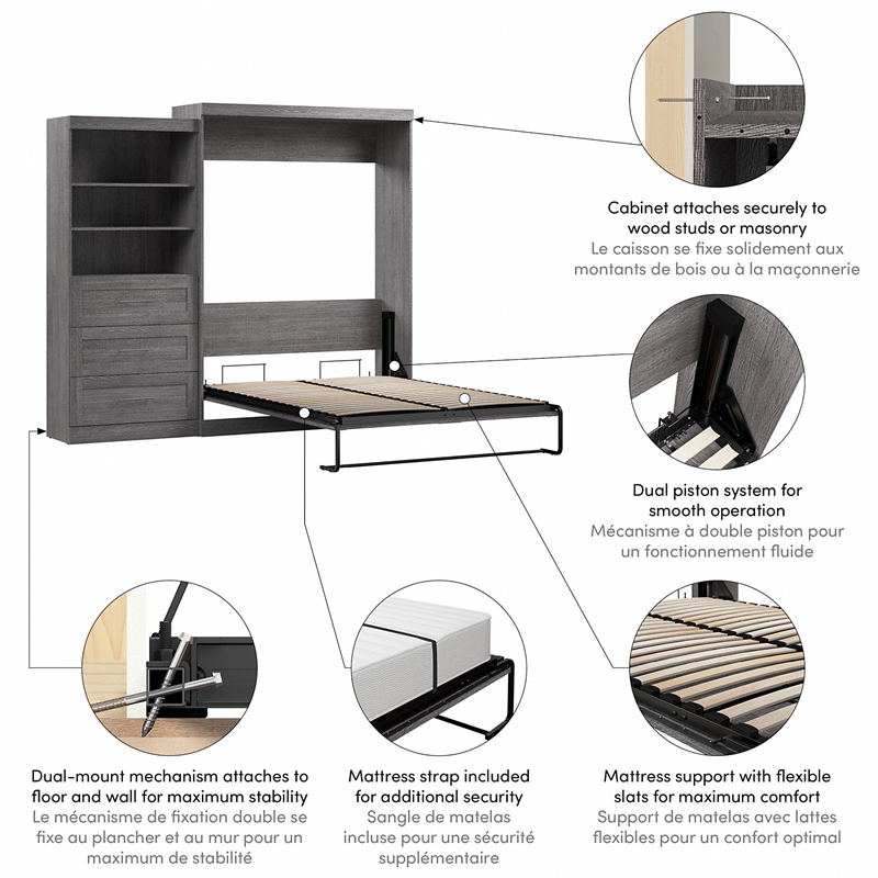 Bestar Pur Queen Murphy Bed and Shelving Unit with Drawers (101W) in Bark Grey