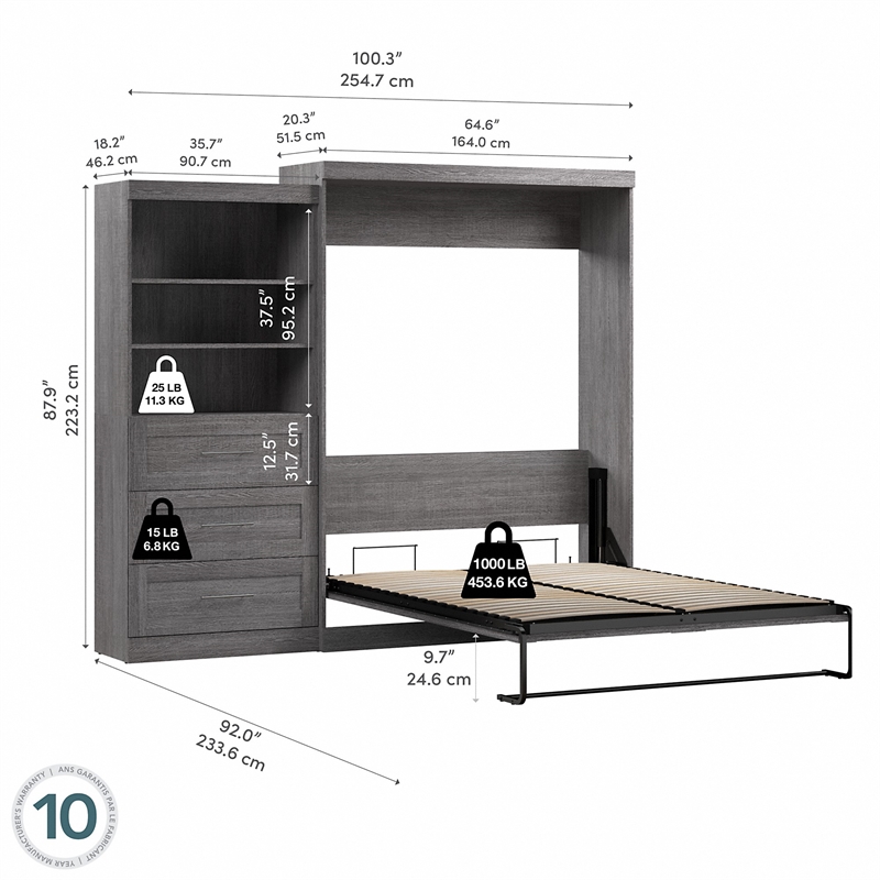 Bestar Pur Queen Murphy Bed and Shelving Unit with Drawers (101W) in Bark Grey