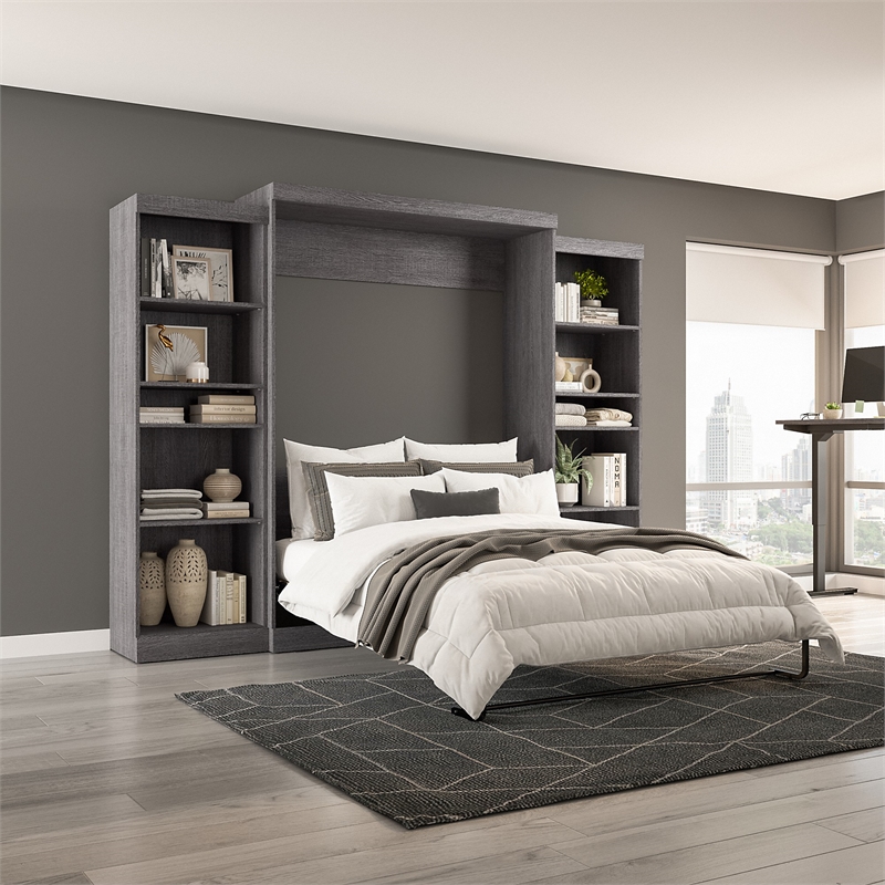 Bestar Pur Queen Murphy Bed and 2 Shelving Units (115W) in Bark Grey