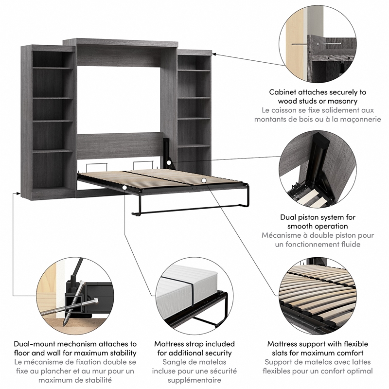 Bestar Pur Queen Murphy Bed and 2 Shelving Units (115W) in Bark Grey