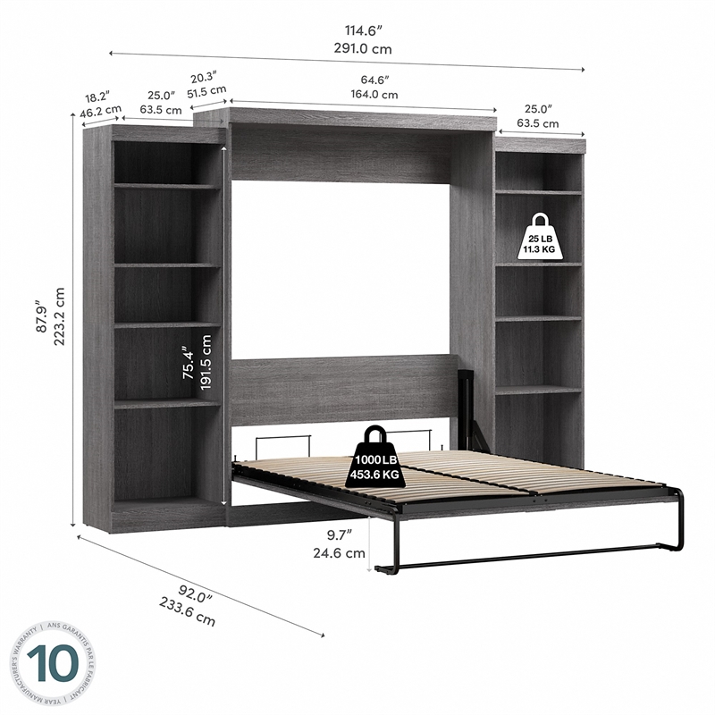 Bestar Pur Queen Murphy Bed and 2 Shelving Units (115W) in Bark Grey