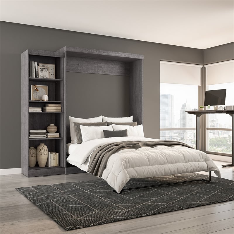 Bestar Pur Queen Murphy Bed with Shelving Unit (90W) in Bark Grey