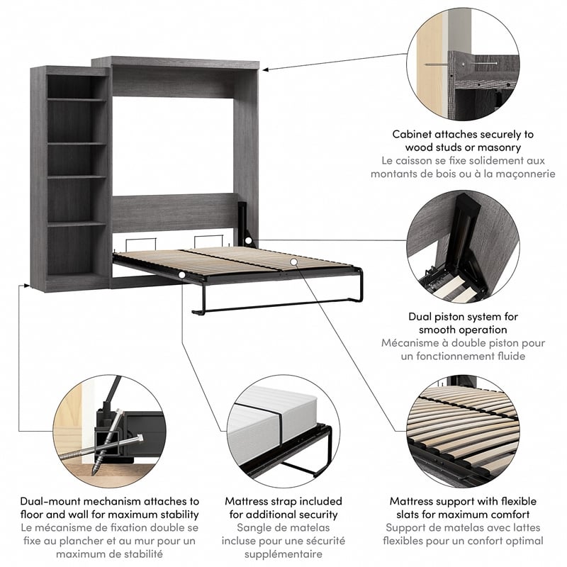 Bestar Pur Queen Murphy Bed with Shelving Unit (90W) in Bark Grey