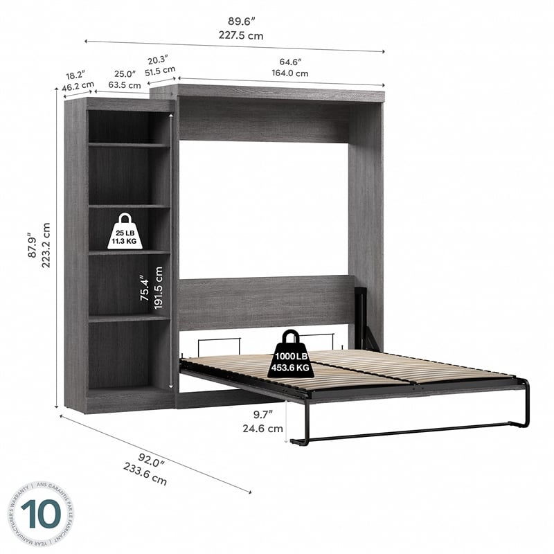 Bestar Pur Queen Murphy Bed with Shelving Unit (90W) in Bark Grey