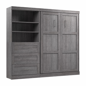 Bestar Pur Full Murphy Bed and Shelving Unit with Drawers (95W) in Bark Grey