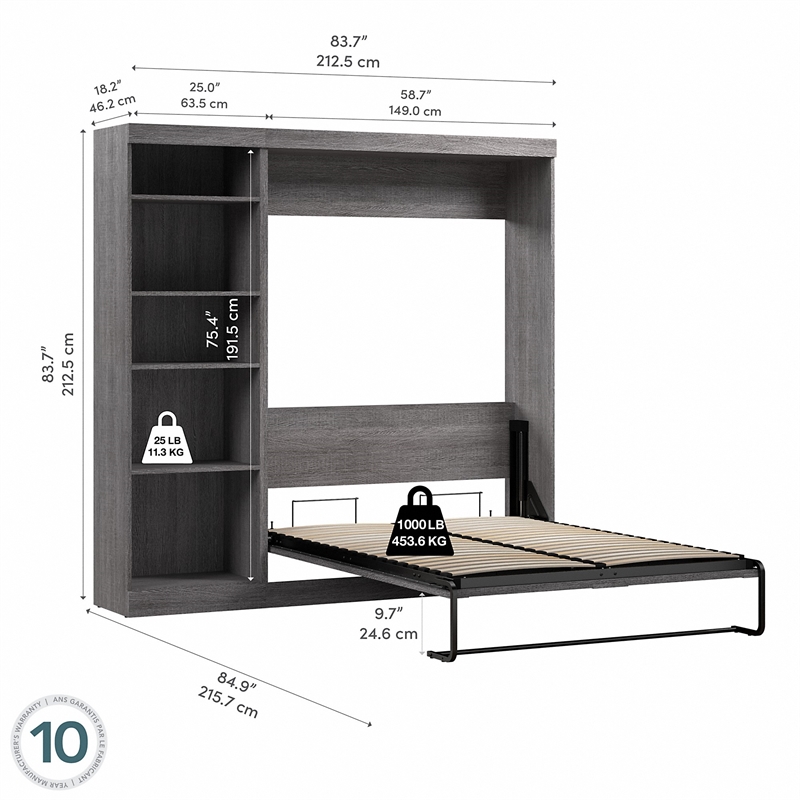bestar pur full murphy bed with shelving unit (84w) in bark grey