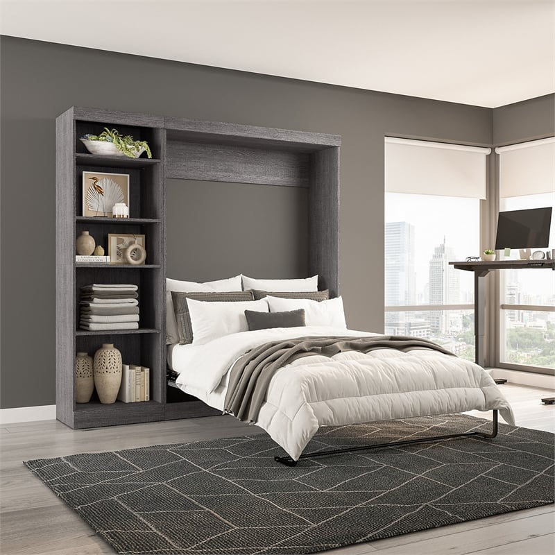 bestar pur full murphy bed with shelving unit (84w) in bark grey
