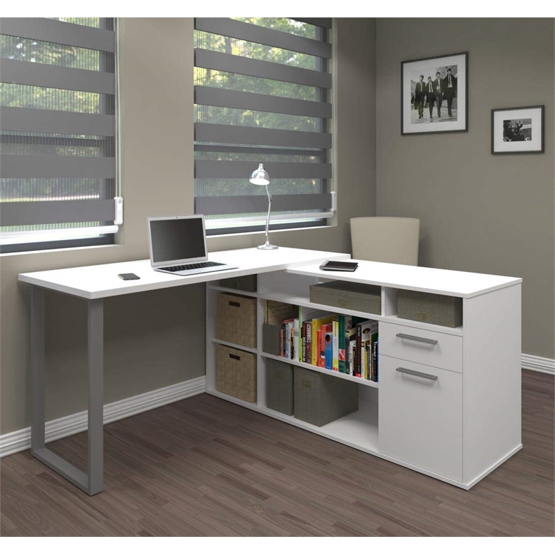 Bestar Solay L-Shaped Computer Desk with Storage in White