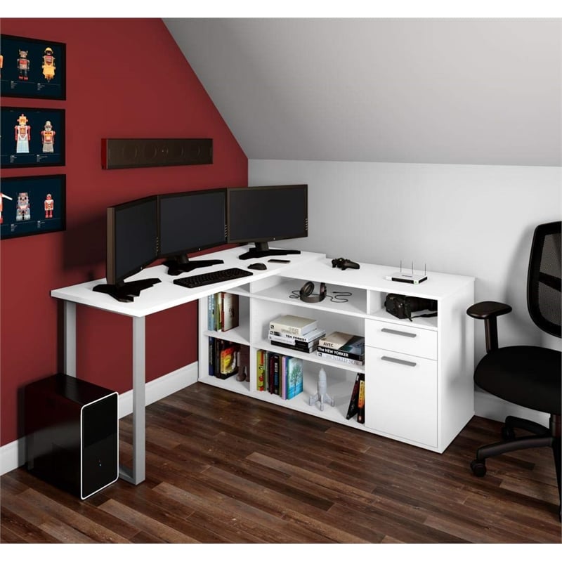 Bestar Solay L-Shaped Computer Desk with Storage in White