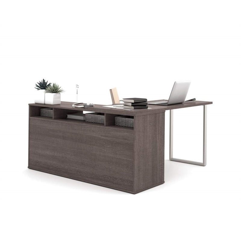 Bestar Solay L-Shaped Computer Desk with Storage in Bark Gray